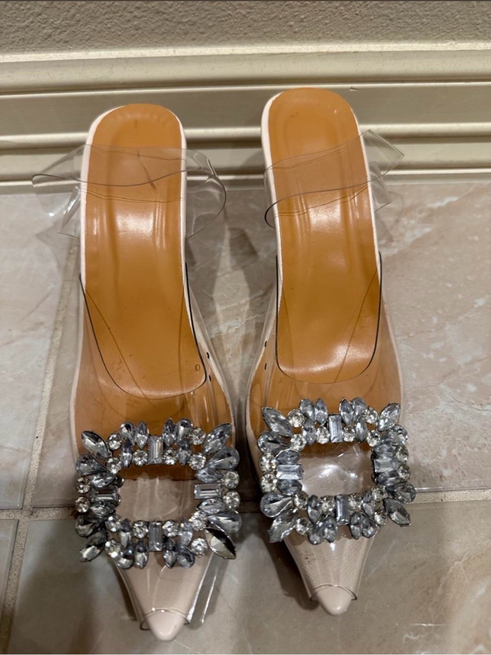 Clear Pointed Mule with Crystal Buckle - White